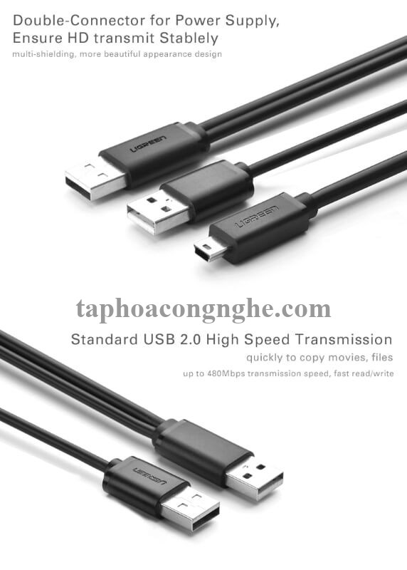 Ugreen 10346 0.5M màu Đen Cáp sạc truyền dữ liệu USB 2.0 sang MICRO USB có trợ nguồn USB US107 30010346